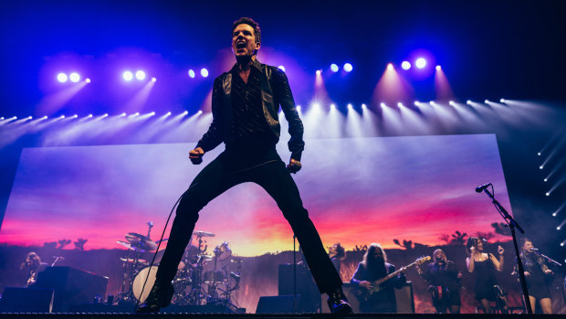 Rock’n’roll preacher man: Brandon Flowers leading The Killers at Rod Laver Arena in Melbourne on December 13.