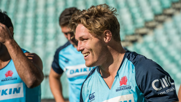 Good times: Michael Hooper at the Waratahs captain's run before Saturday's match against the Highlanders. 