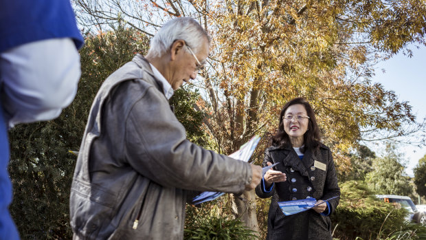Liberal candidate for Chisholm Gladys Liu campaigning for voters on election day. 