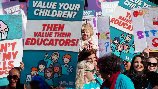 Early learning educators protested in Federation Square in Melbourne on Wednesday to call for better pay and conditions.