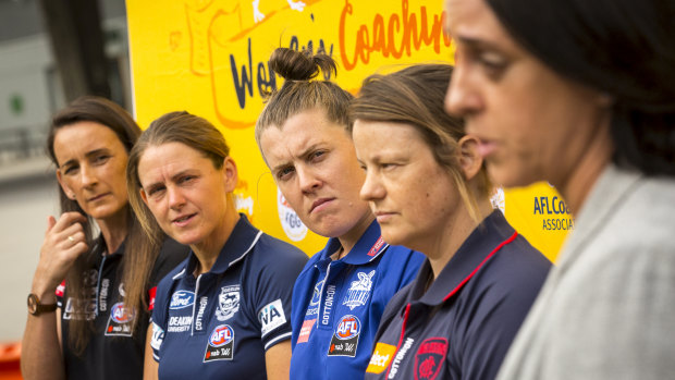 Looking to the future: Assistant coaches listen to AFLW head of football Nicole Livingstone speak.