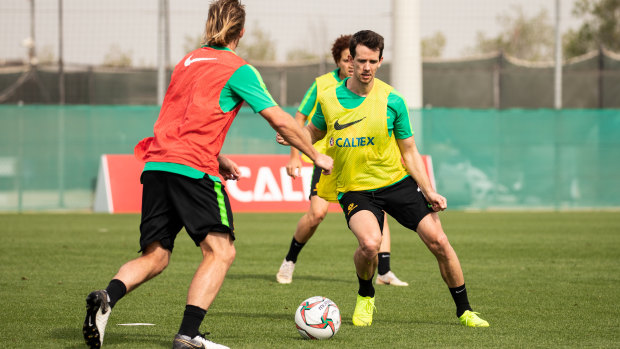 Rising in the Middle East: Robbie Kruse trains with the Socceroos in the UAE ahead of the Asian Cup.