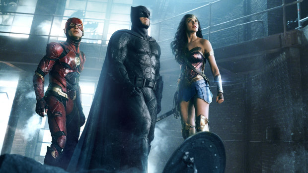 The Flash, Batman and Wonder Woman in a scene from Zack Snyder’s Justice League. 