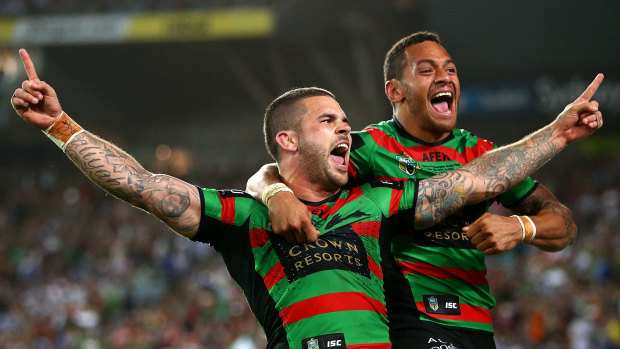 Api Koroisau and Adam Reynolds celebrate South Sydney’s 2014 grand final win against the Bulldogs.