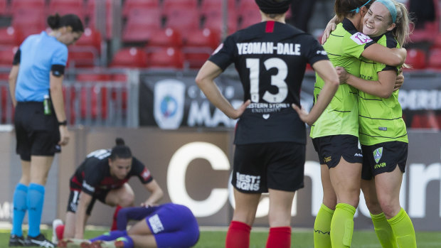 Ellie Carpenter celebrates scoring her controversial goal against Western Sydney.