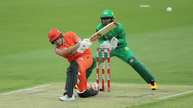 Joe Clarke of the Scorchers bats against the Melbourne Stars before rain ended the match.