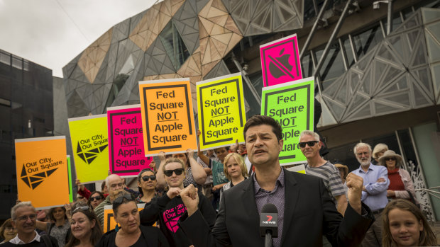 A protest last month against the planned demolition at Federation Square to make way for an Apple store.
