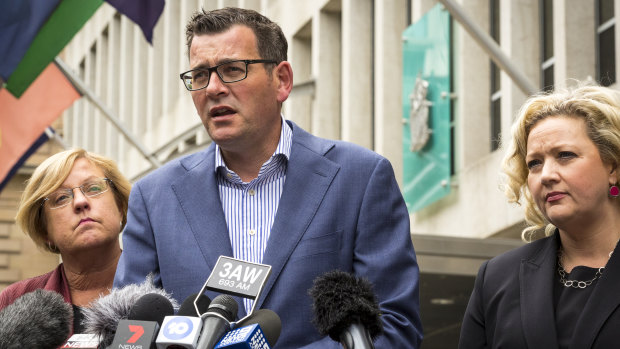 Premier Daniel Andrews, flanked by Police Minister Lisa Neville (left) and Attorney-General Jill Hennessy, announces the royal commission.