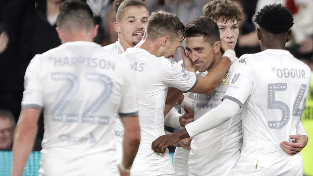 Match winner: Leeds United midfielder Pablo Hernandez (third from right). 