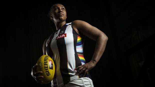 Sabrina Frederick models Collingwood’s pride guernsey.