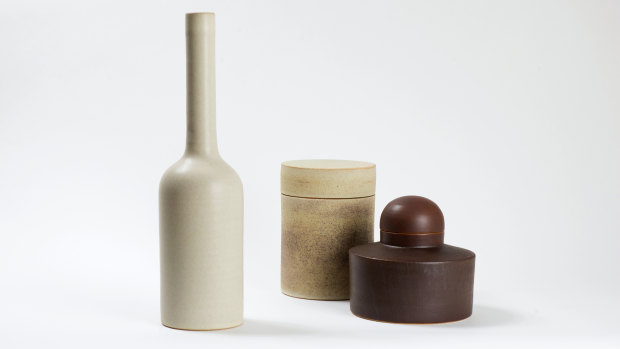 Ulrica Trulsson, Shape #1, set of three, stoneware, satin matt and dry glazes, iron stain, glossy interiors.