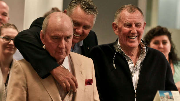 Happier times: Alan Jones, Ray Hadley and John Singleton celebrating 2GB's success in 2016.