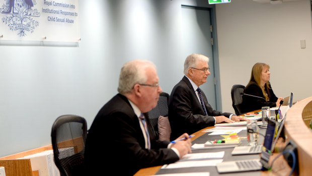Commissioners Robert Fitzgerald, Justice Peter McClellan and Commissioner Helen Milroy at the Royal Commission into Institutional Responses to Child Sexual Abuse.