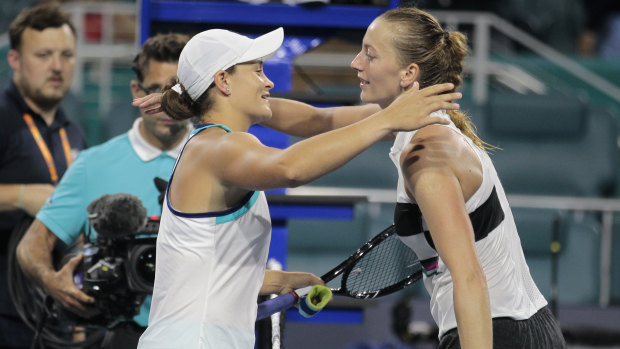 Ashleigh Barty, of Australia, hugs Petra Kvitova, of the Czech Republic, after winning 7-6(6), 3-6, 6-2 during the Miami Open tennis tournament, Wednesday, March 27, 2019. 