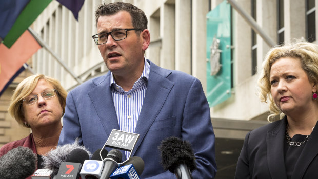 Premier Daniel Andrews, flanked by Police Minister Lisa Neville (left) and Attorney-General Jill Hennessy, announces the royal commission into Informer 3838.