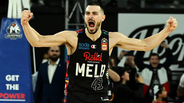 Chris Goulding celebrates after Melbourne United’s game three win over the Perth Wildcats.