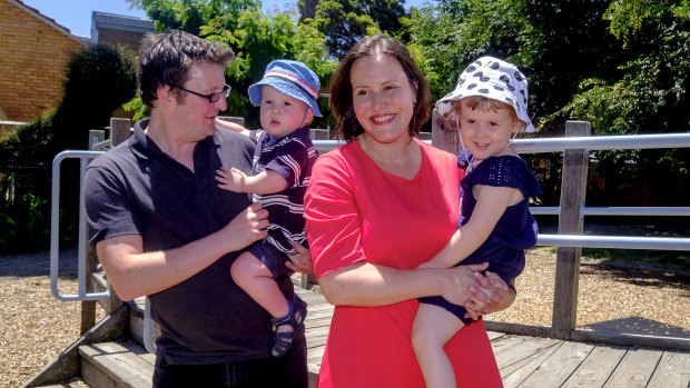 Federal cabinet minister Kelly O'Dwyer with her husband John Mant and children after announcing her resignation from politics.