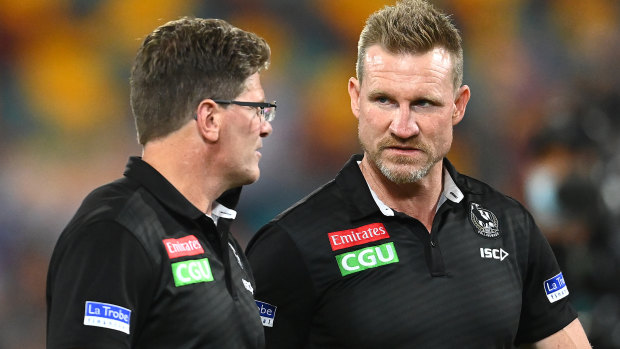 Collingwood coach Nathan Buckley, right, says his team's next opponent, the West Coast Eagles, would be very confident facing the Pies.