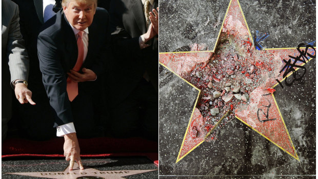 Donald Trump's Walk of Fame "star", awarded in 2007 (left). was destroyed in July, 2018, in a pickaxe attack.