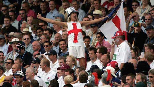 A member of the Barmy Army in full song during the Ashes Test at Edgbaston, 2005.