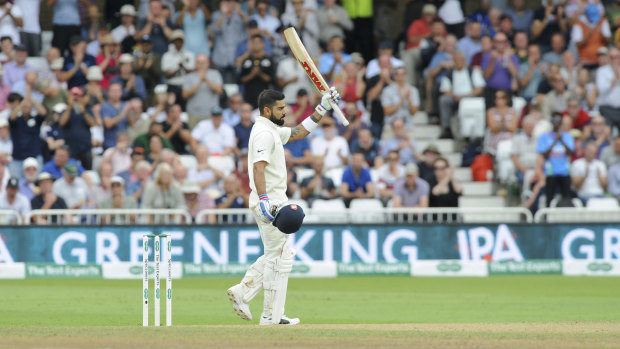On fire: Indian cricket captain Virat Kohli celebrates his century during the third day of the third cricket Test against England.