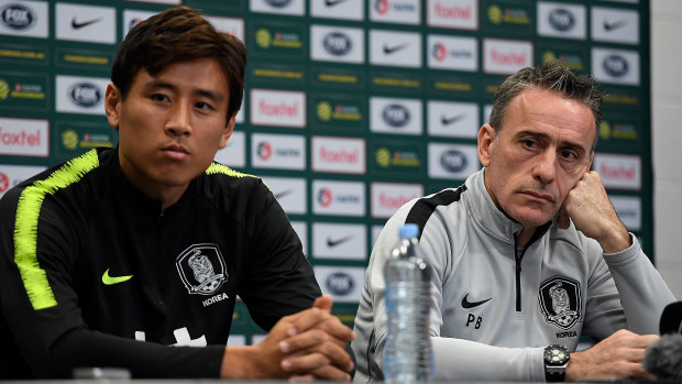 Pedigreed opponent: Korea Republic coach Paulo Bento and Koo Ja Cheol speak to the media following a training session at Suncorp Stadium.