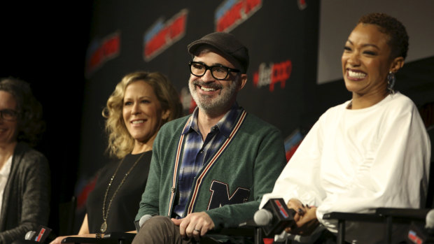 Star Trek: Discovery producers Heather Kadin (left) and Alex Kurtzman (centre), and star Sonequa Martin-Green (right) on stage at New York Comic-Con 2019.
