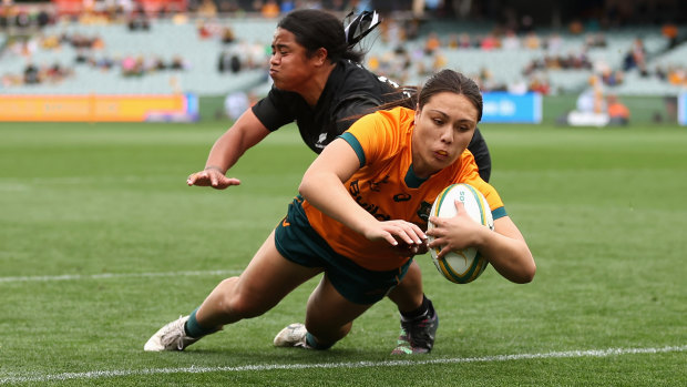 Bienne Terita scores in her Test debut against New Zealand in August.