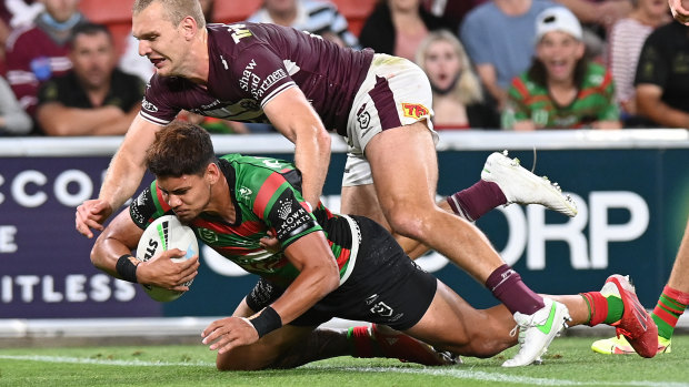 The Souths winger crashes over in Friday’s preliminary final.