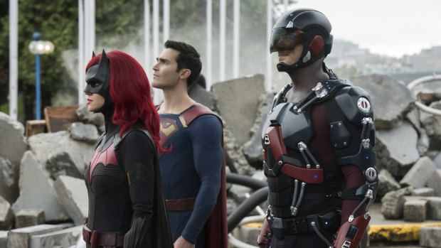 Batwoman (Ruby Rose), Superman (Tyler Hoechlin) and Atom (Brandon Routh).
