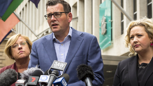 Premier Daniel Andrews, flanked by Police Minister Lisa Neville (left) and Attorney-General Jill Hennessy, announces the royal commission.