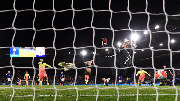 Kasper Schmeichel saves a penalty from Sergio Aguero.