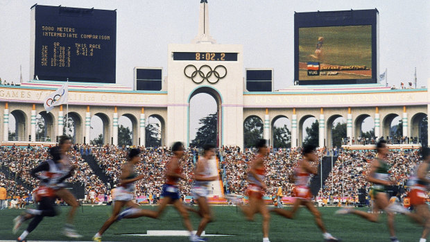 Competitors run in the men's 5,000 meters at the Olympic Games in Los Angeles.