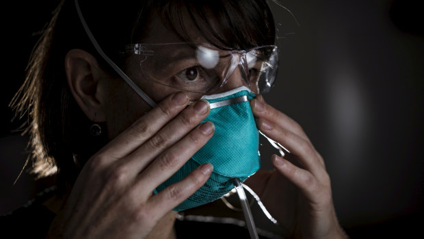 Anaesthetist Michelle Horne gets fitted for a mask by the Australian Society of Anaesthetists