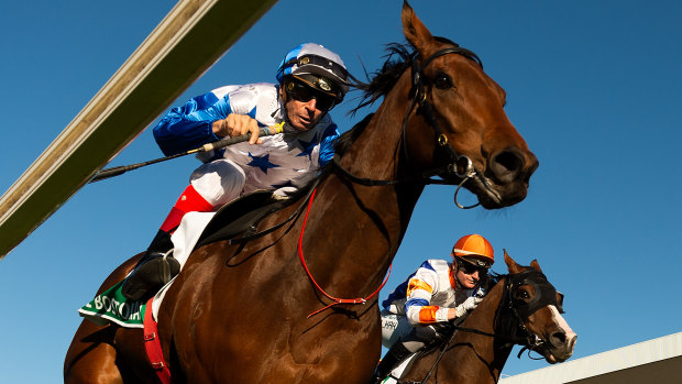 Cambridge graduate: Michael Cahill rides The Bostonian to victory in the Doomben 10,000.
