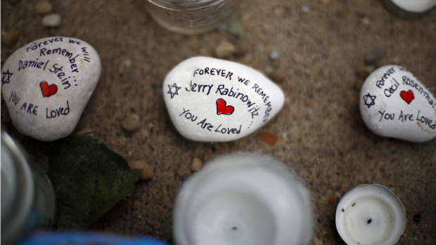 Stones used as part of a makeshift memorial outside the Tree of Life Synagogue to the 11 people killed during worship services on Saturday October 27 in Pittsburgh. 