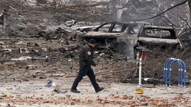 A police officer at the scene of the explosion in downtown Nashville early on Christmas Day.