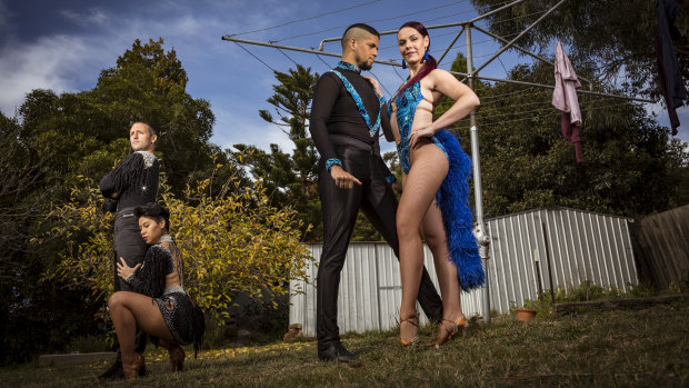 World champion dancers Almendra Navarrete and Richie Torres (left) with Carlos Veron, have been forced to isolate at the home of festival co-director and Australian champion Elysia Baker's (right) Macedon home.