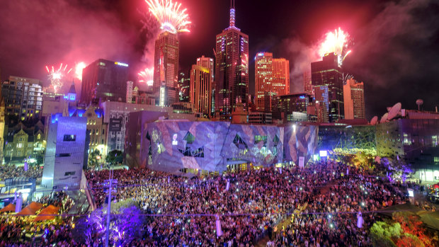 New Year's Eve fireworks as seen from Federation Square in Melbourne.  