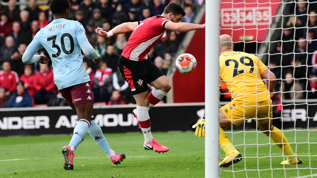 Shane Long of Southampton opens the scoring against Aston Villa at St Mary's Stadium.