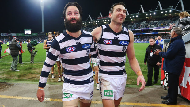 Jimmy Bartel and Corey Enright - inseparable as Cats teammates, and members of the Australian Football Hall of Fame.