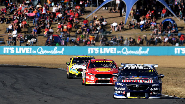 Shane van Gisbergen drives the #97 Red Bull Holden Racing Team Commodore to victory at the 2018 Ipswich SuperSprint at the Queensland Raceway in Ipswich.