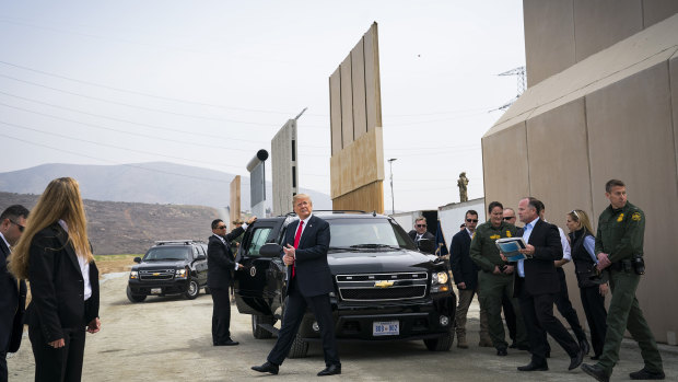 US President Donald Trump arrives to view border wall prototypes near San Diego in March.