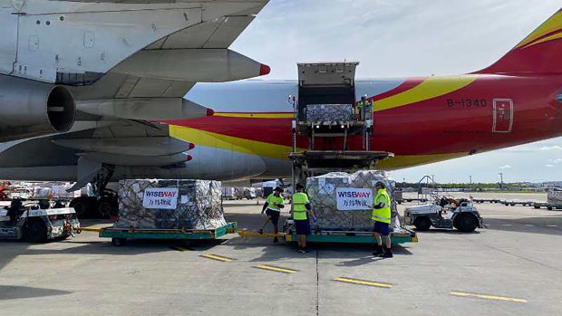 A cargo plane carrying more than 70 tonnes of personal protective equipment and ventilators arrives in Sydney on April 8.