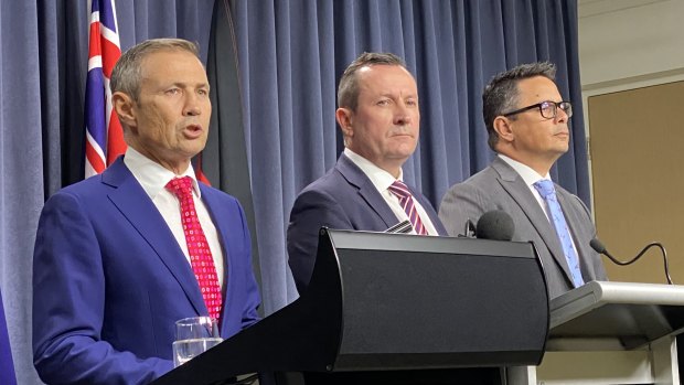 Health Minister Roger Cook, Premier Mark McGowan and Treasurer Ben Wyatt brief journalists on the risks posed by coronavirus to the WA economy.