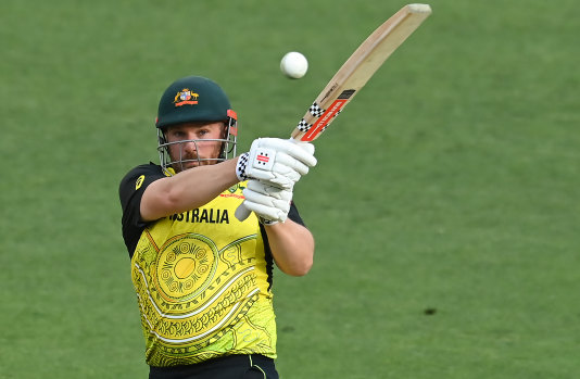 Australia opener Aaron Finch hits out against India on Monday.