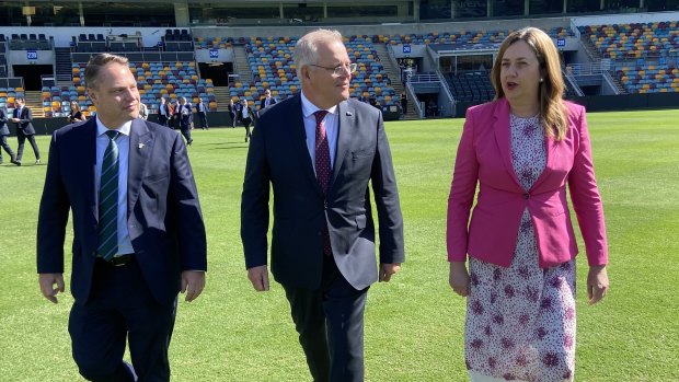 Lord mayor Adrian Schrinner, Prime Minister Scott Morrison and Premier Annastacia Palaszczuk at the Gabba to sign the SEQ City Deal.