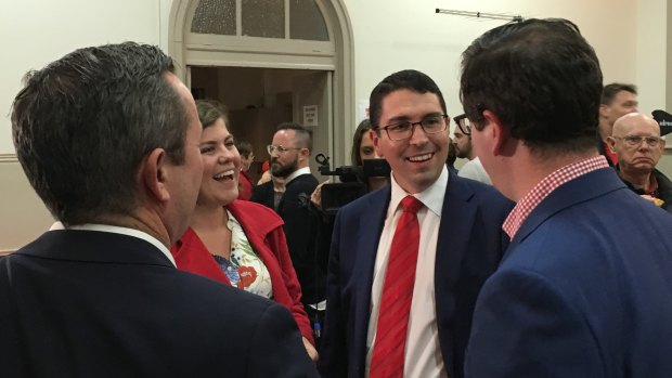 Labor candidate Patrick Gorman with wife Jess, Premier Mark McGowan and Burt MP Matt Keogh.