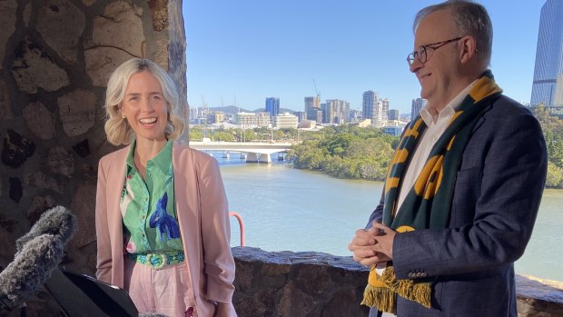 Prime Minister Anthony Albanese with Renee Coffey, Labor’s candidate for the Greens-held seat of Griffith, now held by the Greens’ Max Chandler-Mather.