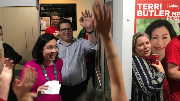 Labor's Terri Butler enters the campaign room at the Morningside Panthers AFL clubhouse.